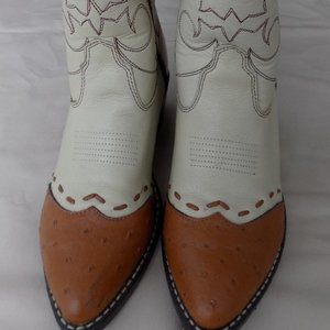 A JAMA VINTAGE COWBOY BOOT SHOE CREAM & BRONZE COLOR - YOUTH SIZE 2.5